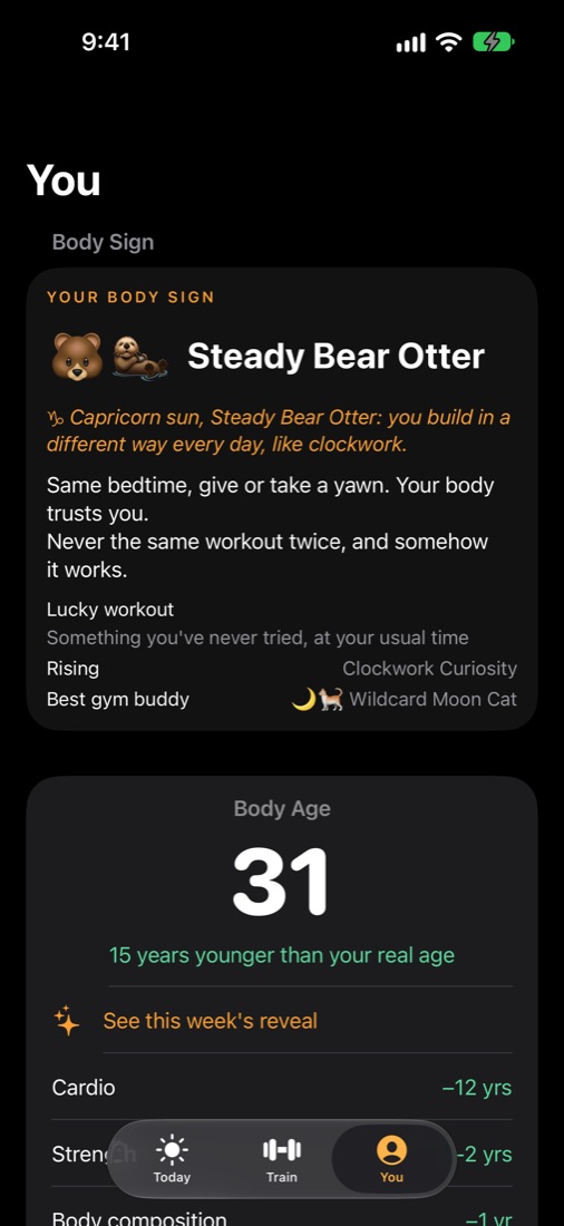 Body Sign card: Steady Bear Otter with lucky workout, rising trait and best gym buddy